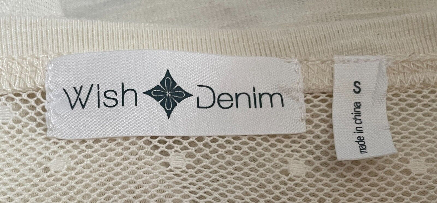 WISH DENIM Top Off White Cap Sleeve Size S Mesh Net Fabric Trim Stretch