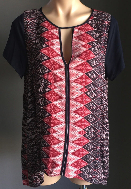 WISH Dreamweaver Tunic Top Colourful Print Short Sleeve Cutout Size M 12 NEW