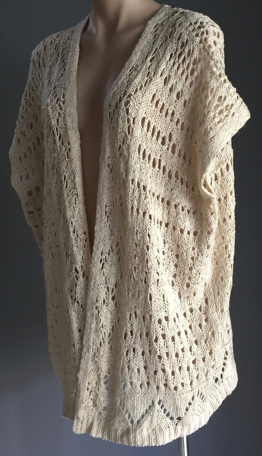 CHICABOOTI  Jacket Knit Drape Cocoon Cardigan Beige Cap Sleeve Open Sz S 10 14