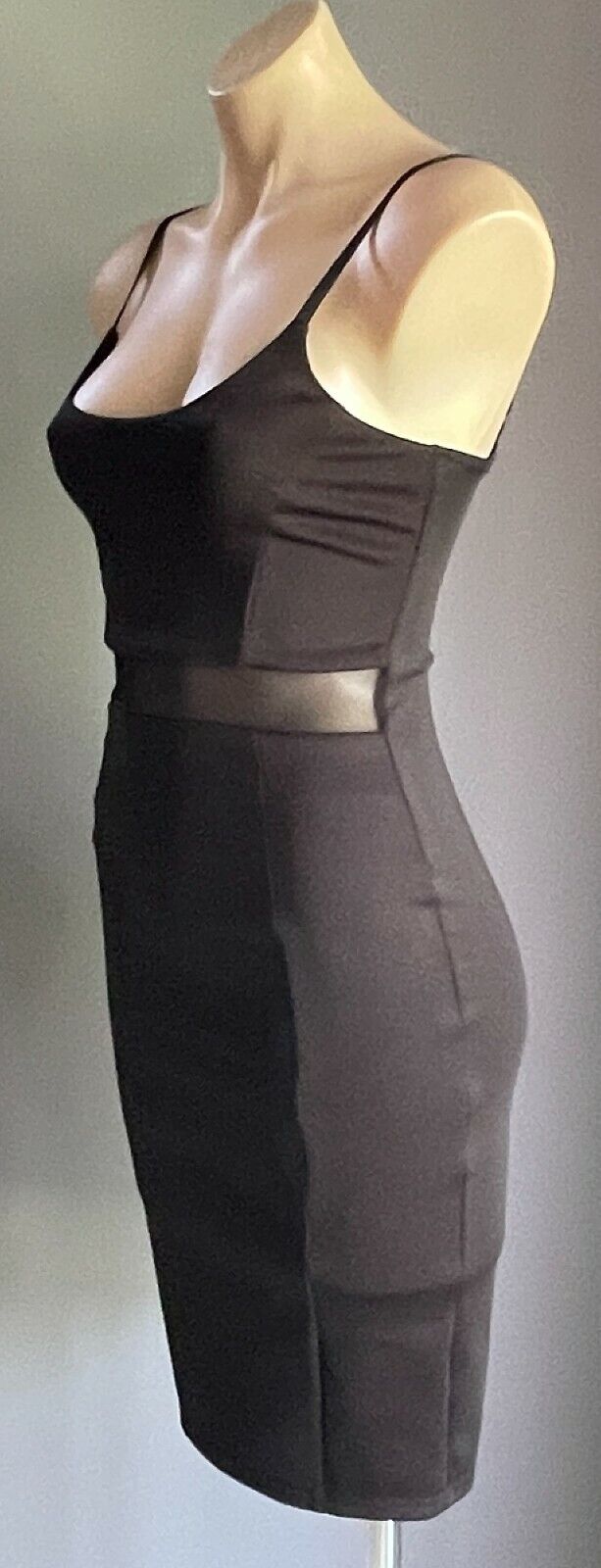 CHICABOOTI  Stretch Pencil Dress Mesh Waist Midi Black Ladies Sz 8 10 Sexy