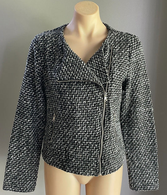 CHICABOOTI  Jacket Collarless Zip Front Grey Black White Tweed Size 12 Tailored