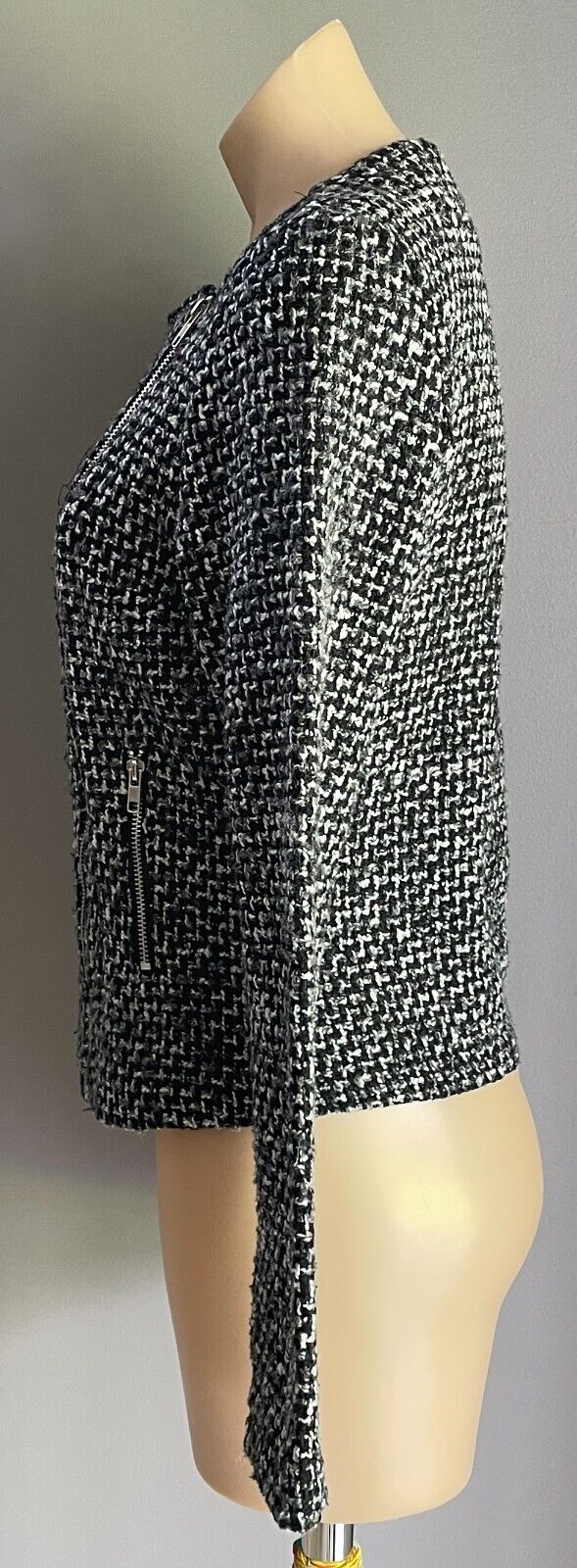 CHICABOOTI  Jacket Collarless Zip Front Grey Black White Tweed Size 12 Tailored