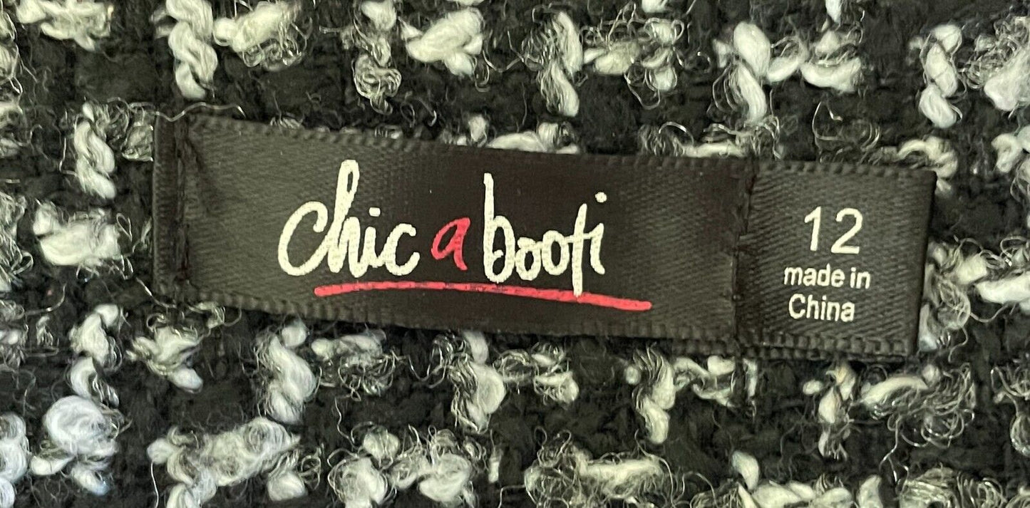CHICABOOTI  Jacket Collarless Zip Front Grey Black White Tweed Size 12 Tailored
