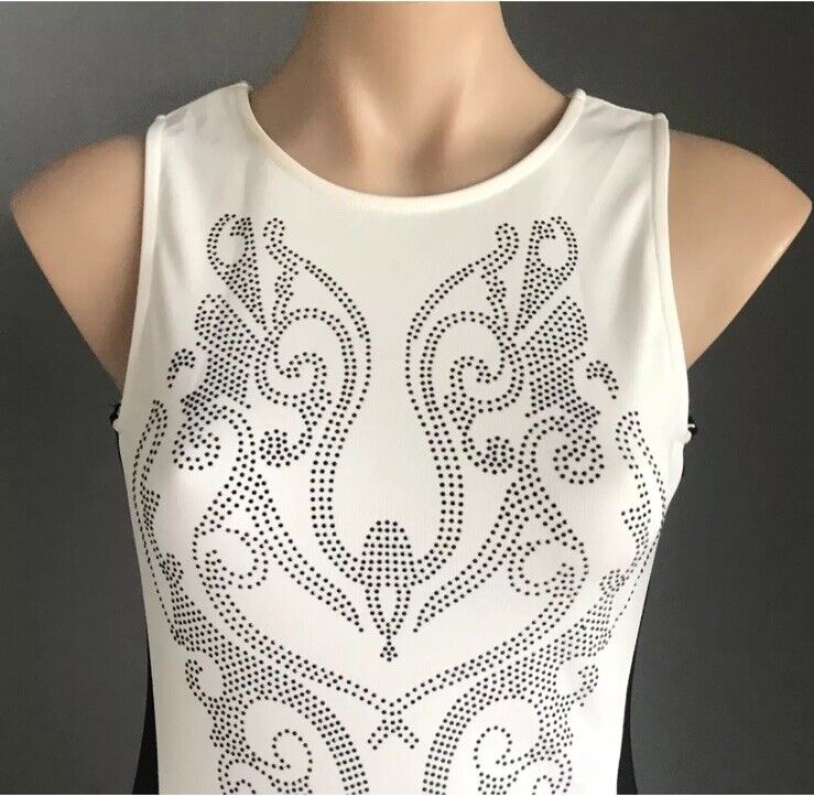 CHICABOOTI  Bodycon Dress Sleeveless Stretch Black Studs White Black Trim M 10
