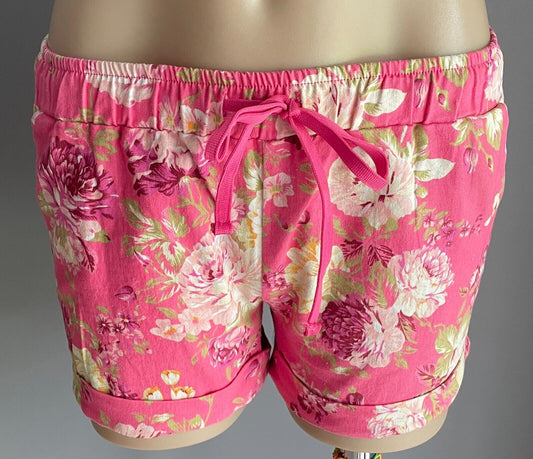 CHICABOOTI Shorts Pink Floral Size 12 Elastic Waist Cuffed Hem