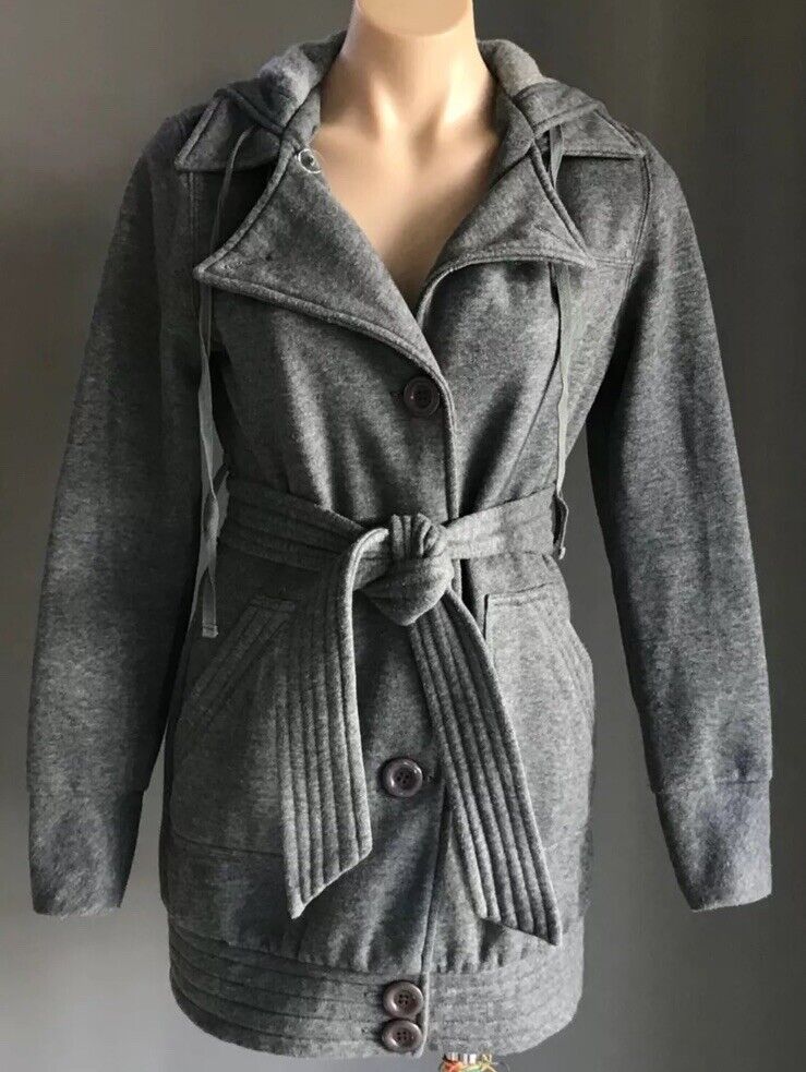EF COLLECTION Hooded Jacket Grey Single Breasted Long Sleeve Size M 12 Waist Tie