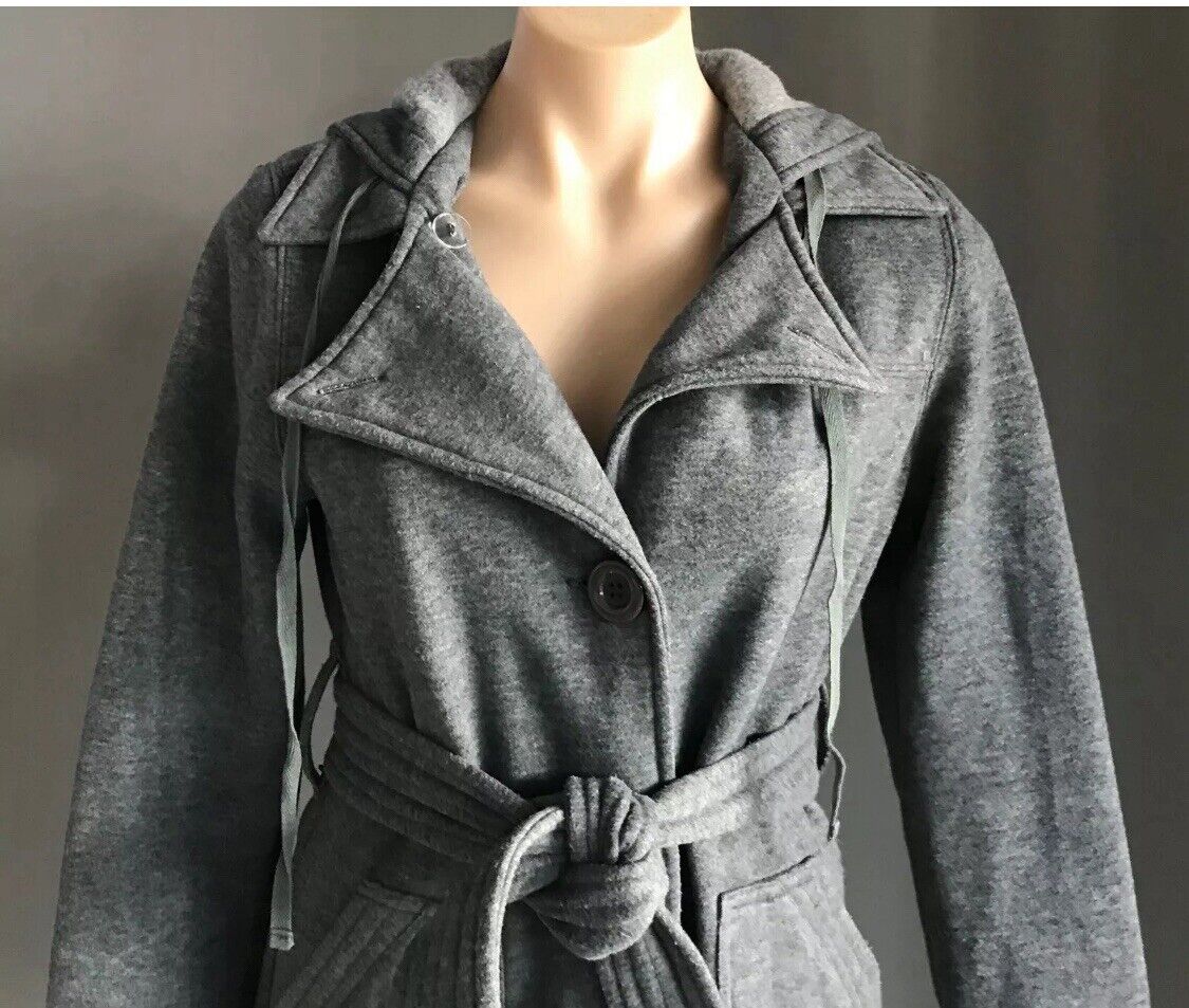 EF COLLECTION Hooded Jacket Grey Single Breasted Long Sleeve Size M 12 Waist Tie