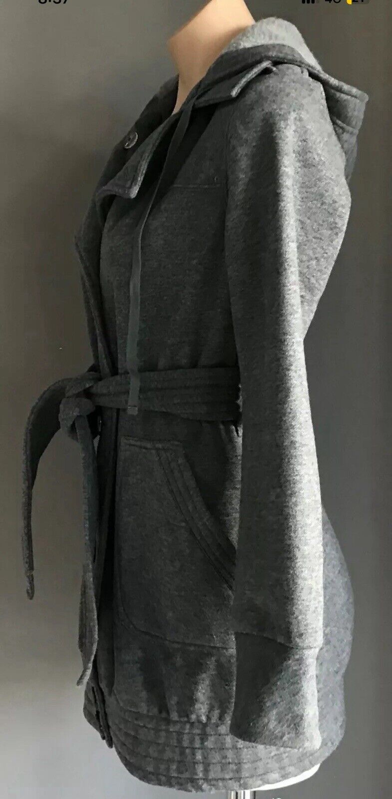 EF COLLECTION Hooded Jacket Grey Single Breasted Long Sleeve Size M 12 Waist Tie