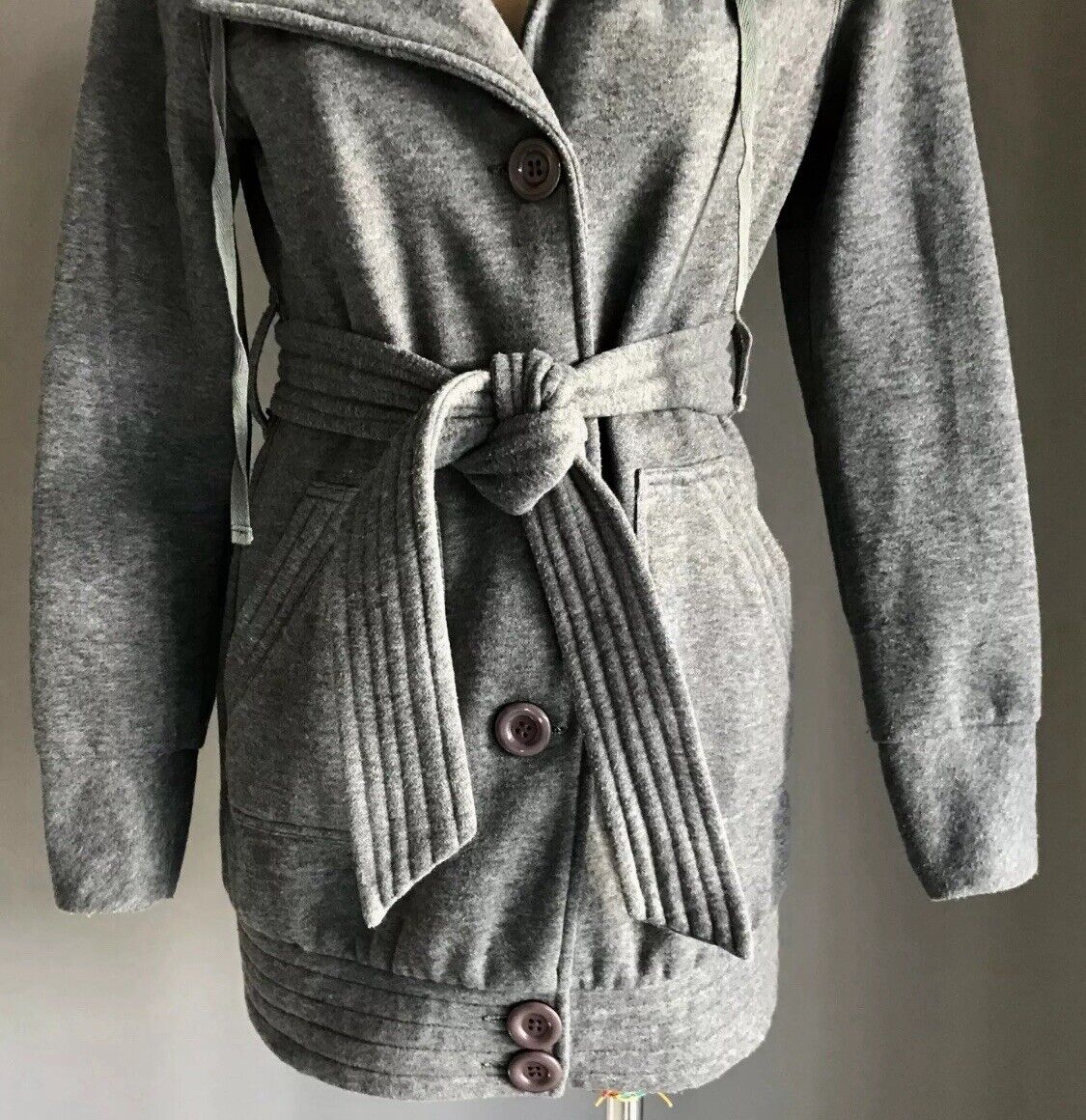 EF COLLECTION Hooded Jacket Grey Single Breasted Long Sleeve Size M 12 Waist Tie