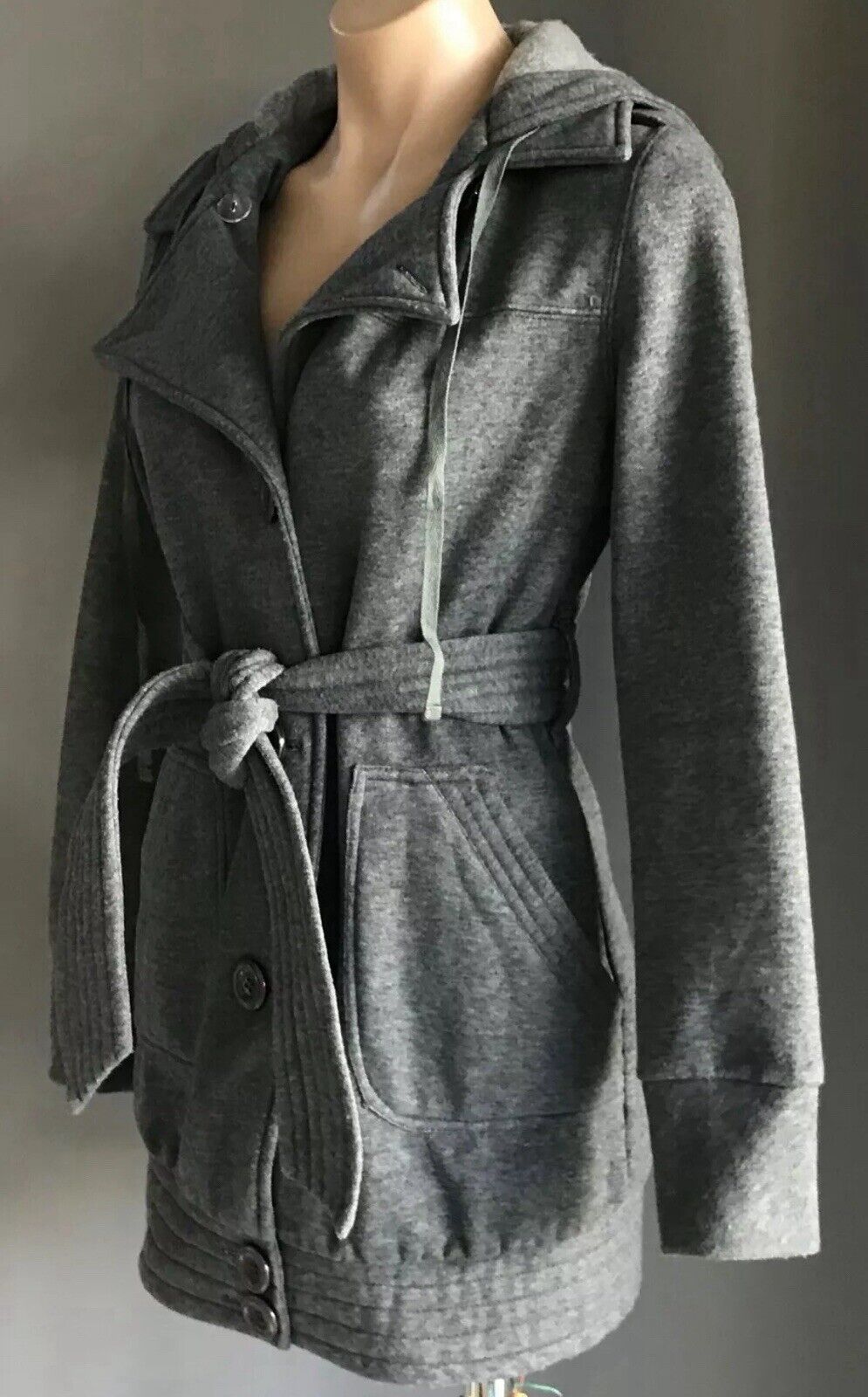 EF COLLECTION Hooded Jacket Grey Single Breasted Long Sleeve Size M 12 Waist Tie