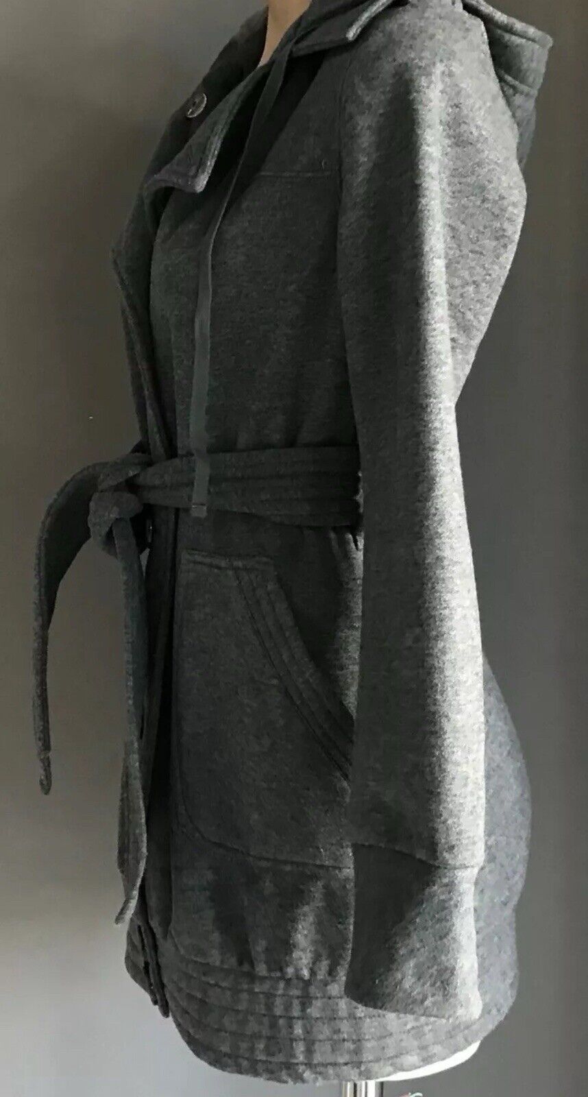 EF COLLECTION Hooded Jacket Grey Single Breasted Long Sleeve Size M 12 Waist Tie