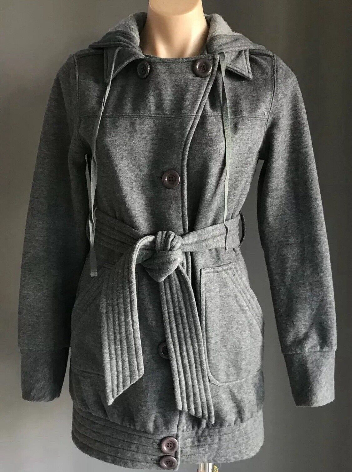 EF COLLECTION Hooded Jacket Grey Single Breasted Long Sleeve Size M 12 Waist Tie