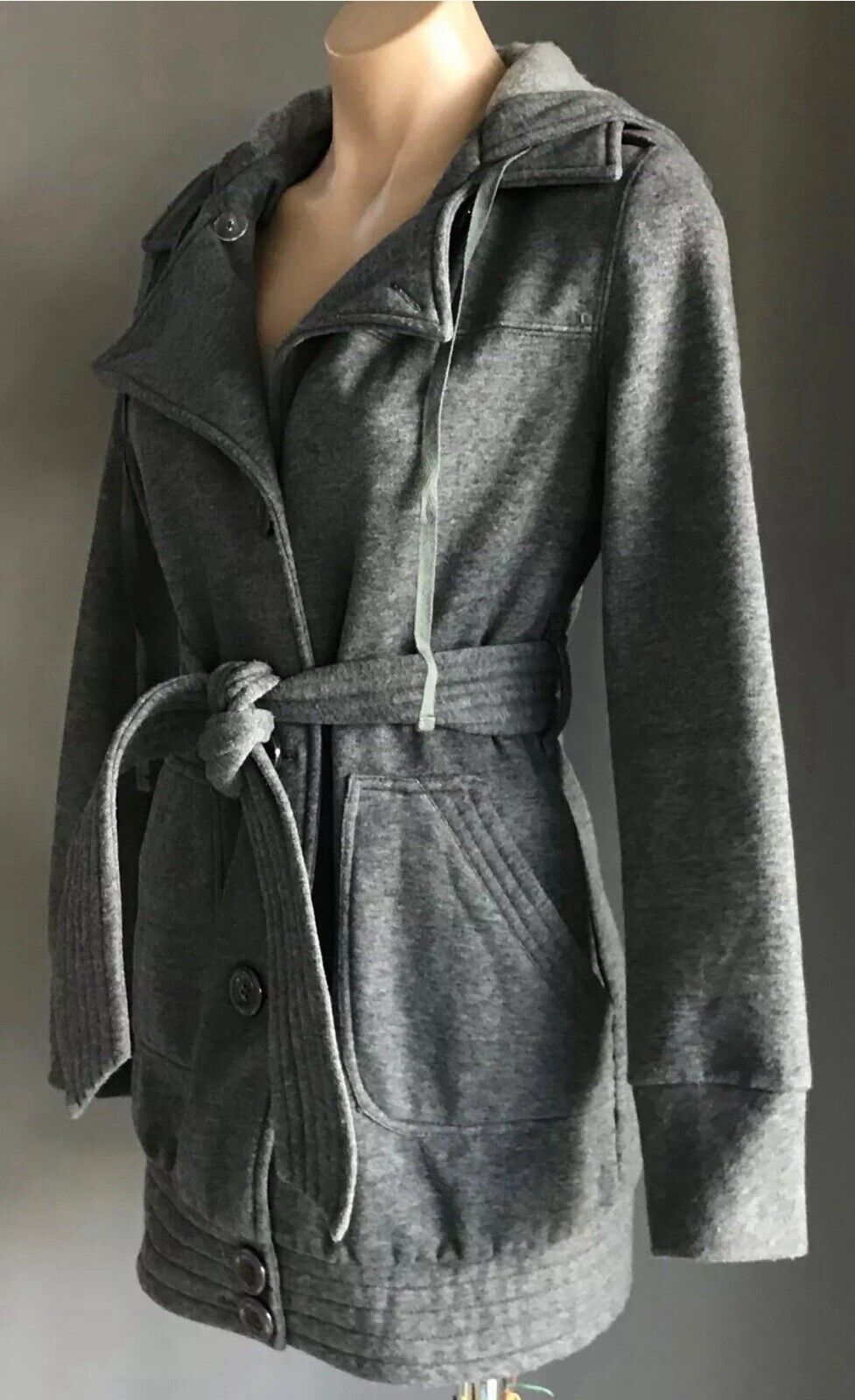EF COLLECTION Hooded Jacket Grey Single Breasted Long Sleeve Size M 12 Waist Tie