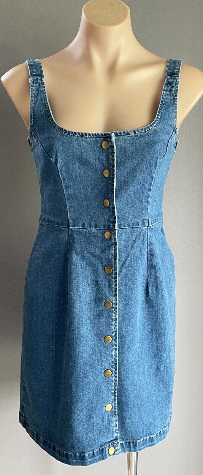 ATMOS & HERE Dress Mid Blue Denim Press Studs Adjustable Straps Scoop Size 10