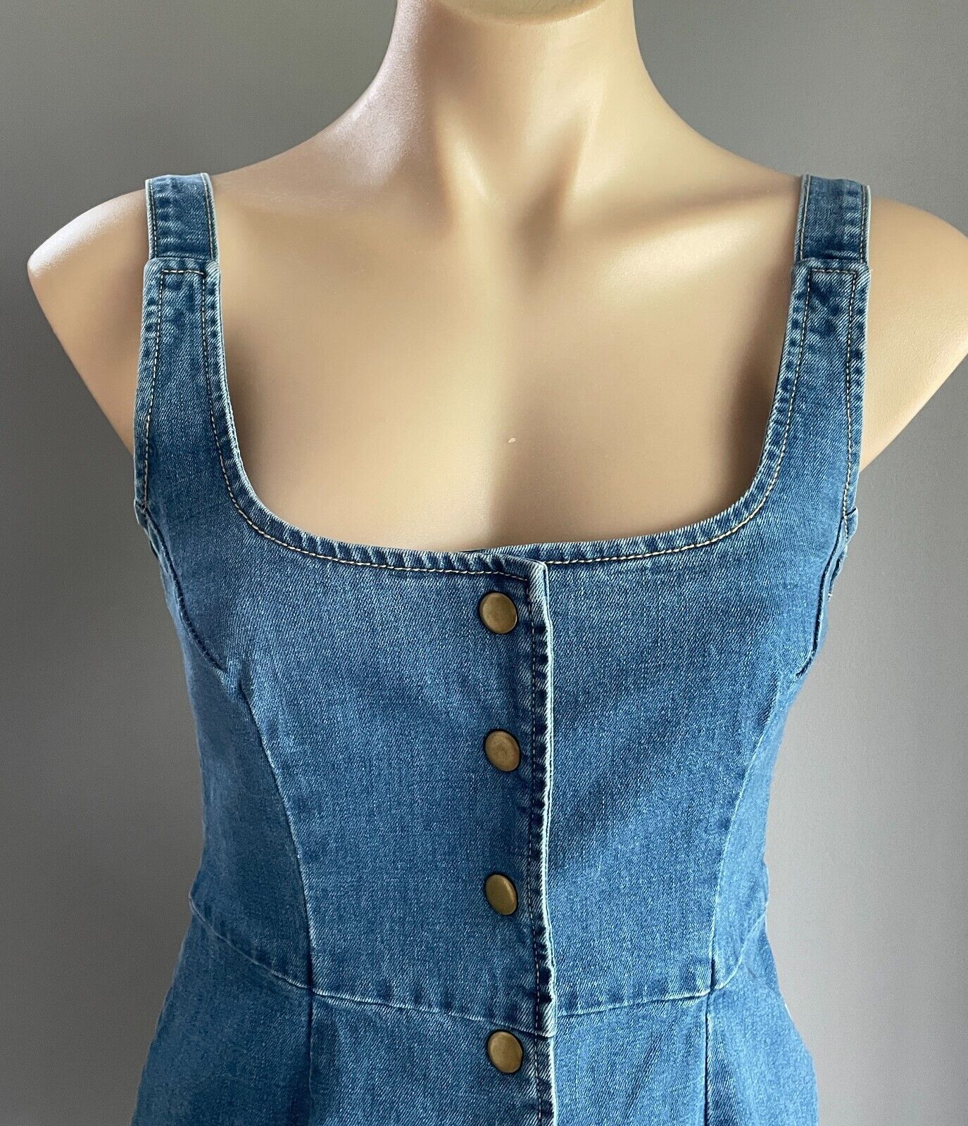 ATMOS & HERE Dress Mid Blue Denim Press Studs Adjustable Straps Scoop Size 10