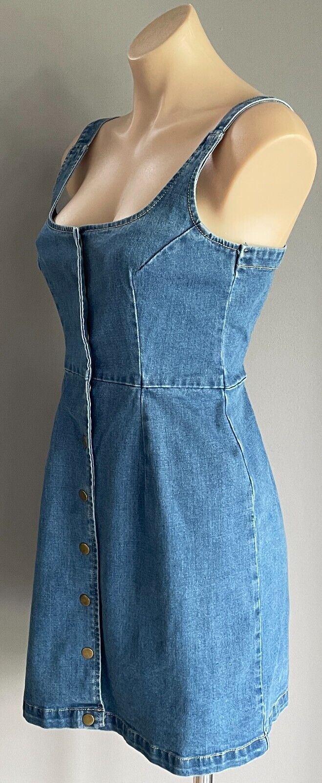 ATMOS & HERE Dress Mid Blue Denim Press Studs Adjustable Straps Scoop Size 10