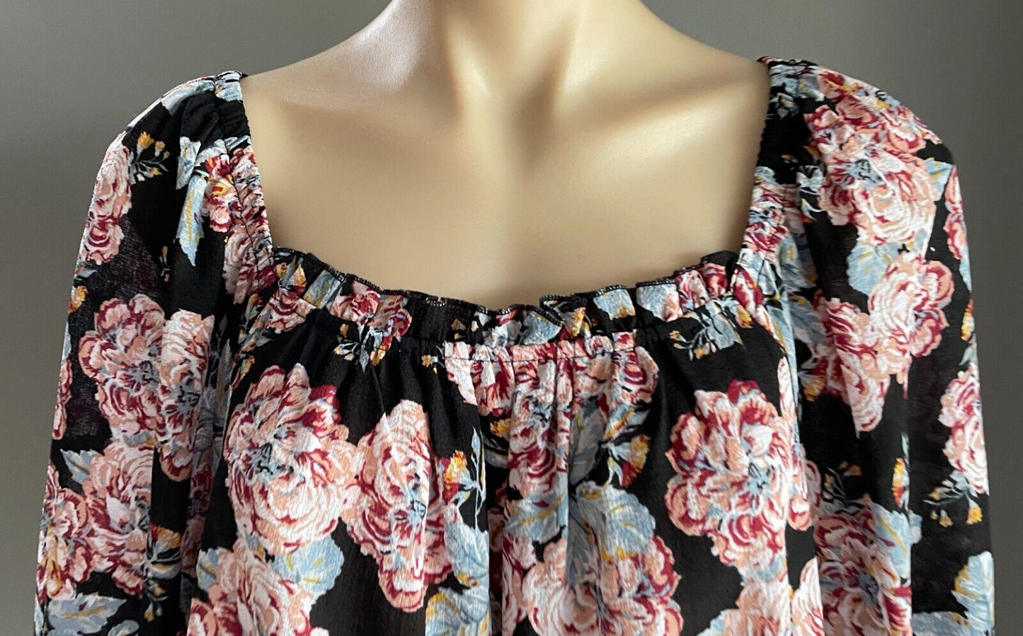 TARGET Peasant Top Black Floral Square Neck Long Elastic Cuff  Blouse Size 18