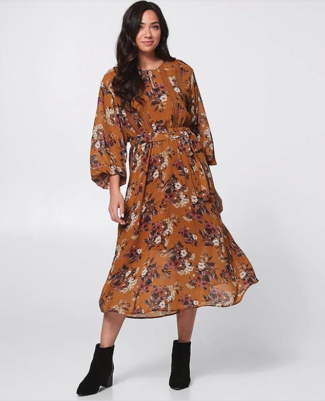 TARGET Dress Midi Orange Floral Elastic Waist w Tie 3/4 Sleeve Size 18 NEW