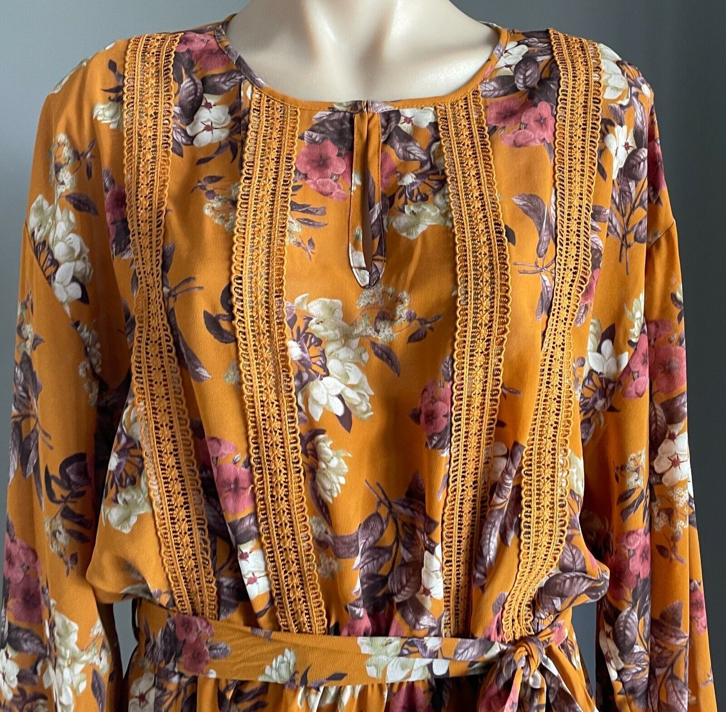 TARGET Dress Midi Orange Floral Elastic Waist w Tie 3/4 Sleeve Size 18 NEW