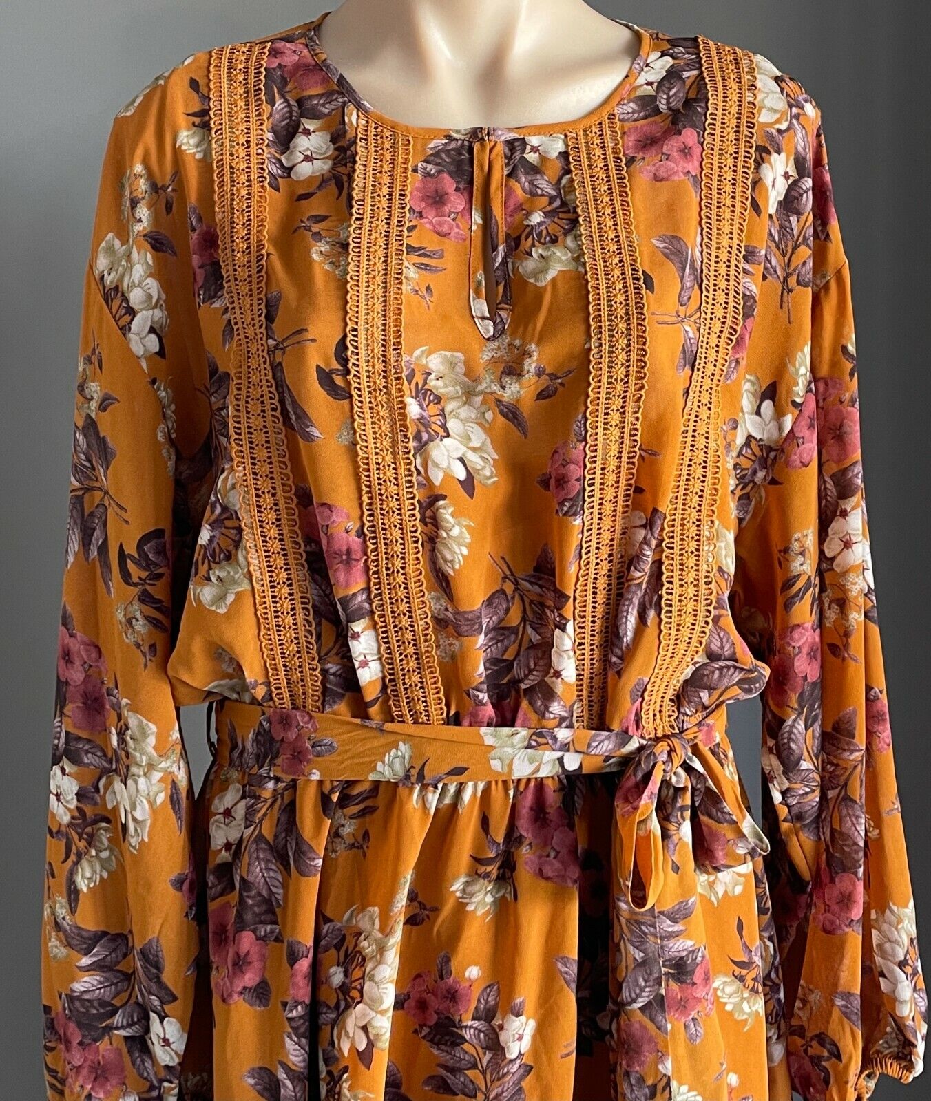 TARGET Dress Midi Orange Floral Elastic Waist w Tie 3/4 Sleeve Size 18 NEW