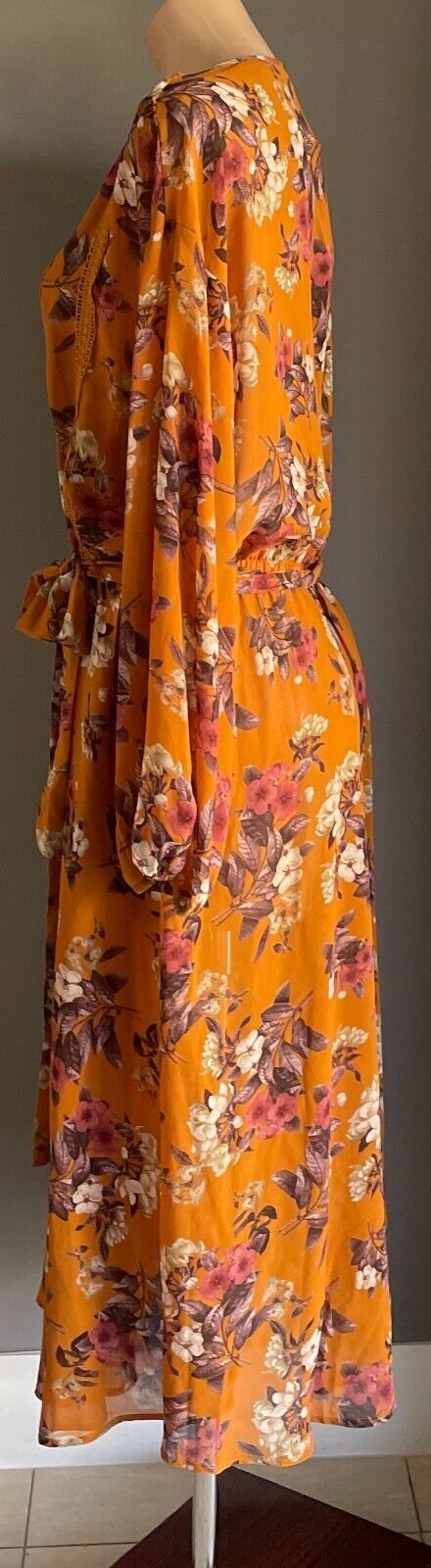 TARGET Dress Midi Orange Floral Elastic Waist w Tie 3/4 Sleeve Size 18 NEW
