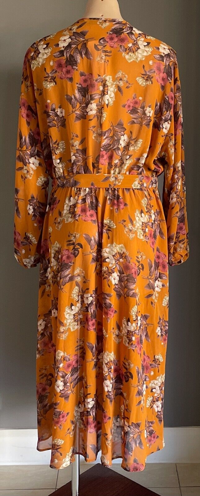 TARGET Dress Midi Orange Floral Elastic Waist w Tie 3/4 Sleeve Size 18 NEW