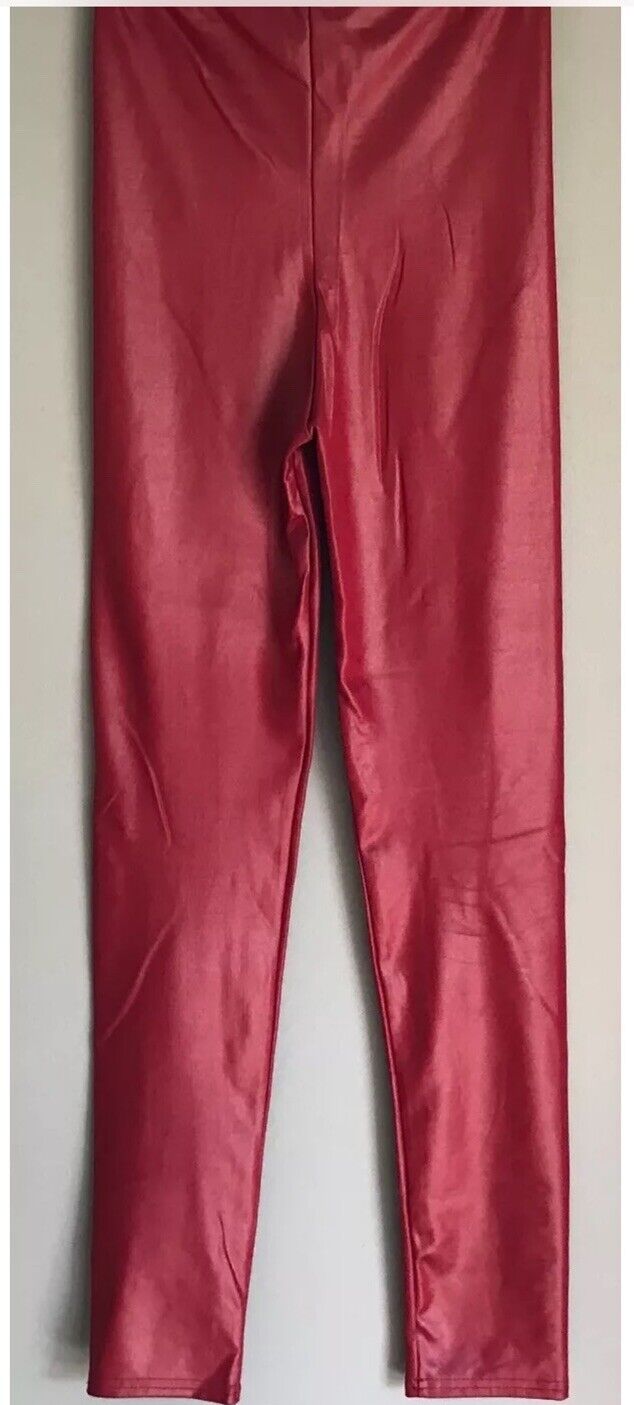 BOOHOO Leggings Leather Look Burgundy Elastic Waist Stretch Pants Size 8 NEW
