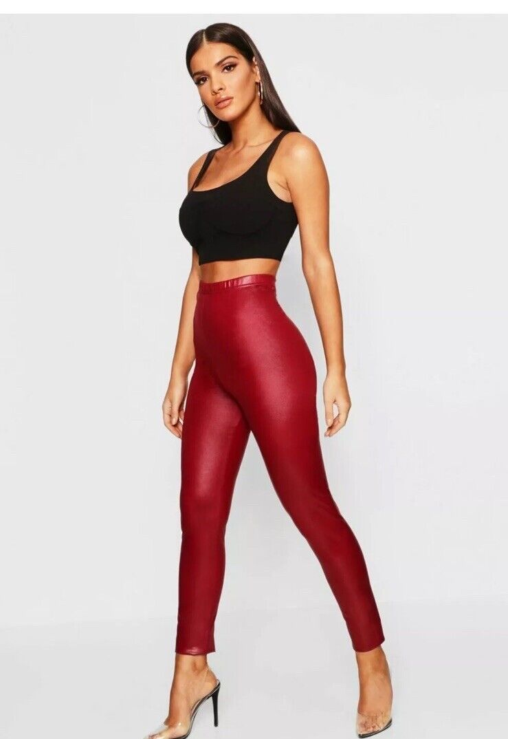 BOOHOO Leggings Leather Look Burgundy Elastic Waist Stretch Pants Size 8 NEW