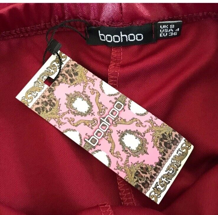 BOOHOO Leggings Leather Look Burgundy Elastic Waist Stretch Pants Size 8 NEW