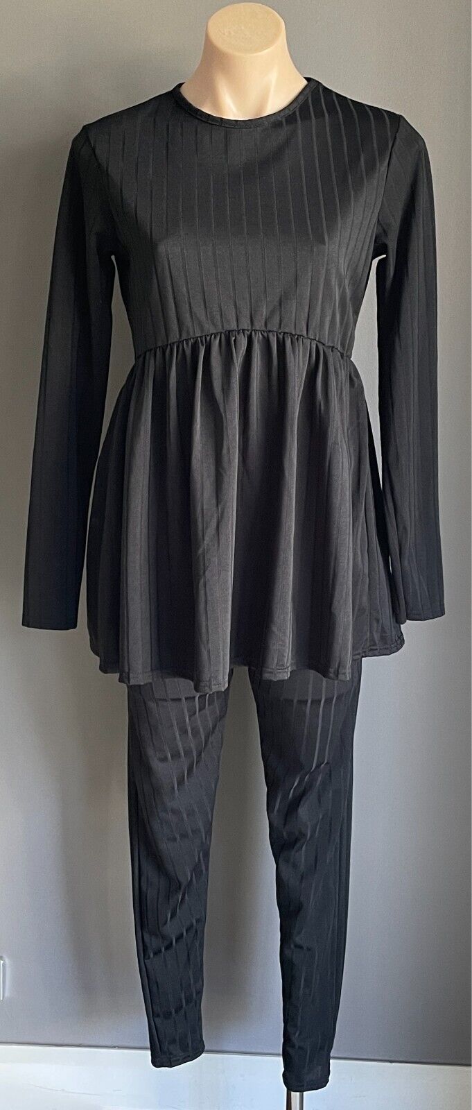 BOOHOO Maternity Top & Pants Set Black Size 12 Elastic Waist Self Stripe Fabric