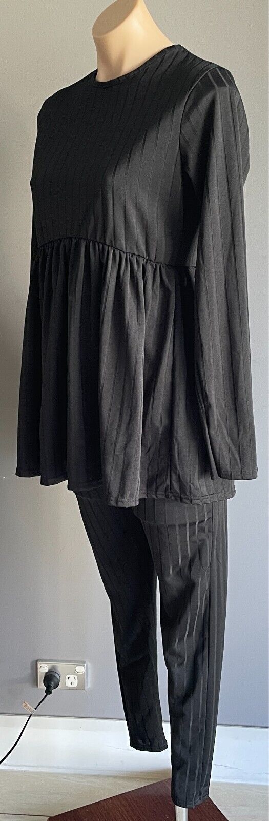 BOOHOO Maternity Top & Pants Set Black Size 12 Elastic Waist Self Stripe Fabric