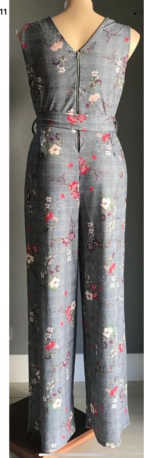 BOOHOO+ Jumpsuit Black White Check Floral Print Sleeveless Wide Leg Plus Size 20
