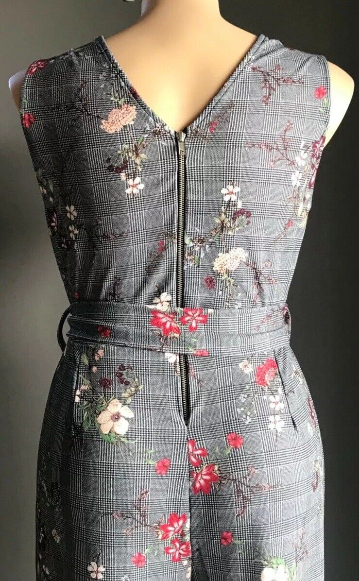 BOOHOO+ Jumpsuit Black White Check Floral Print Sleeveless Wide Leg Plus Size 20