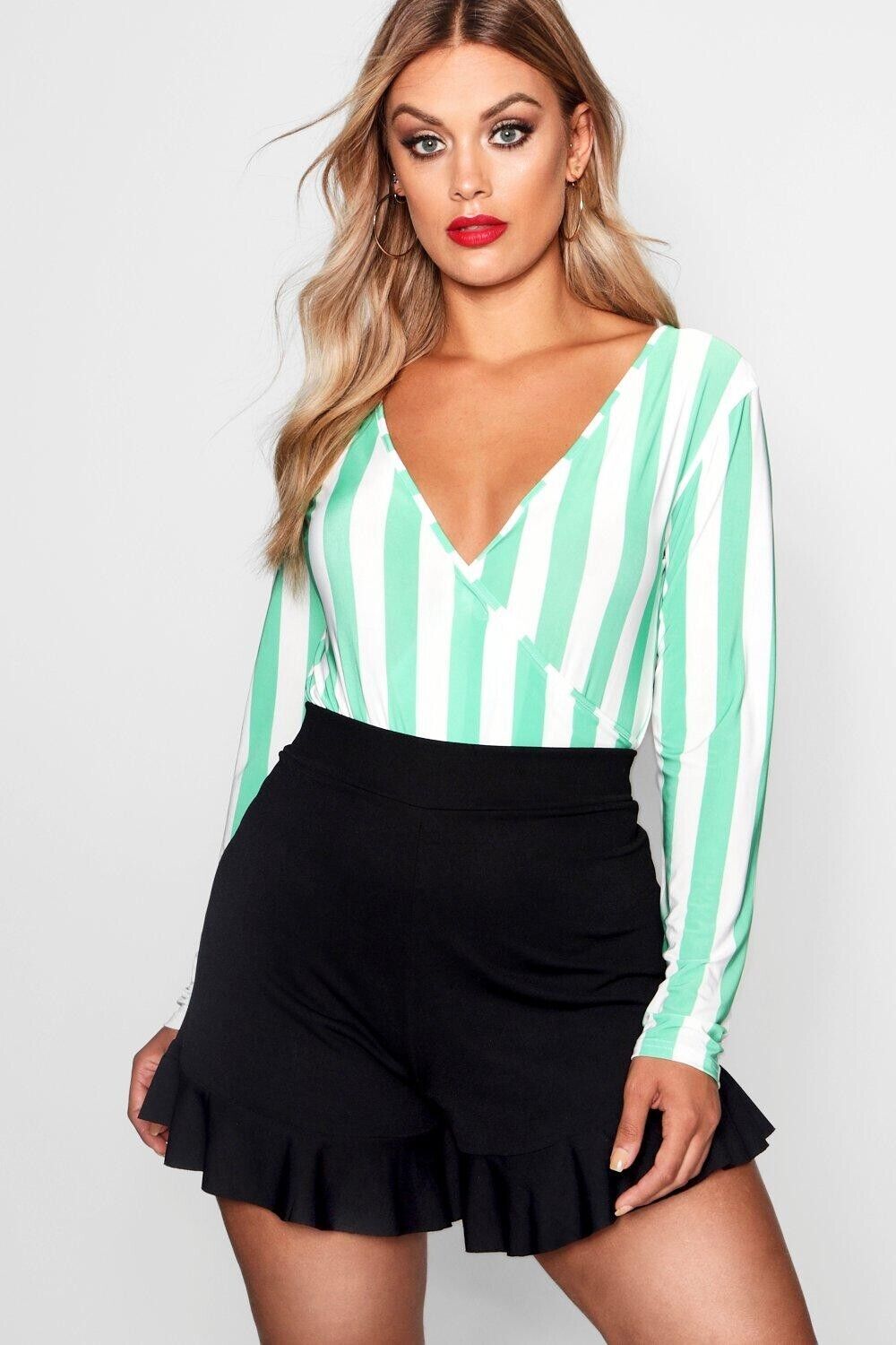 BOOHOO Bodysuit Slinky Green w White Stripe Plus Size 18 Cross Over Front NEW