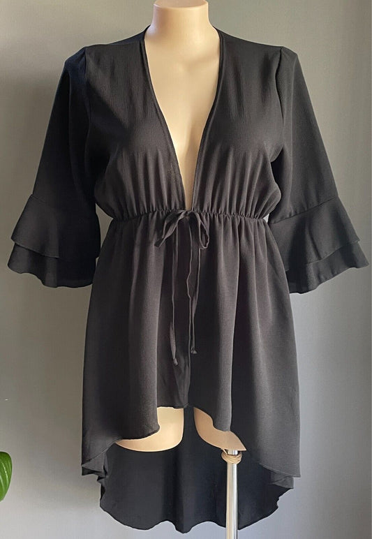 BOOHOO Kimono Jacket Black Tie Front 3/4 Ruffle Sleeve  Plus Size 18 Hi-Lo Hem