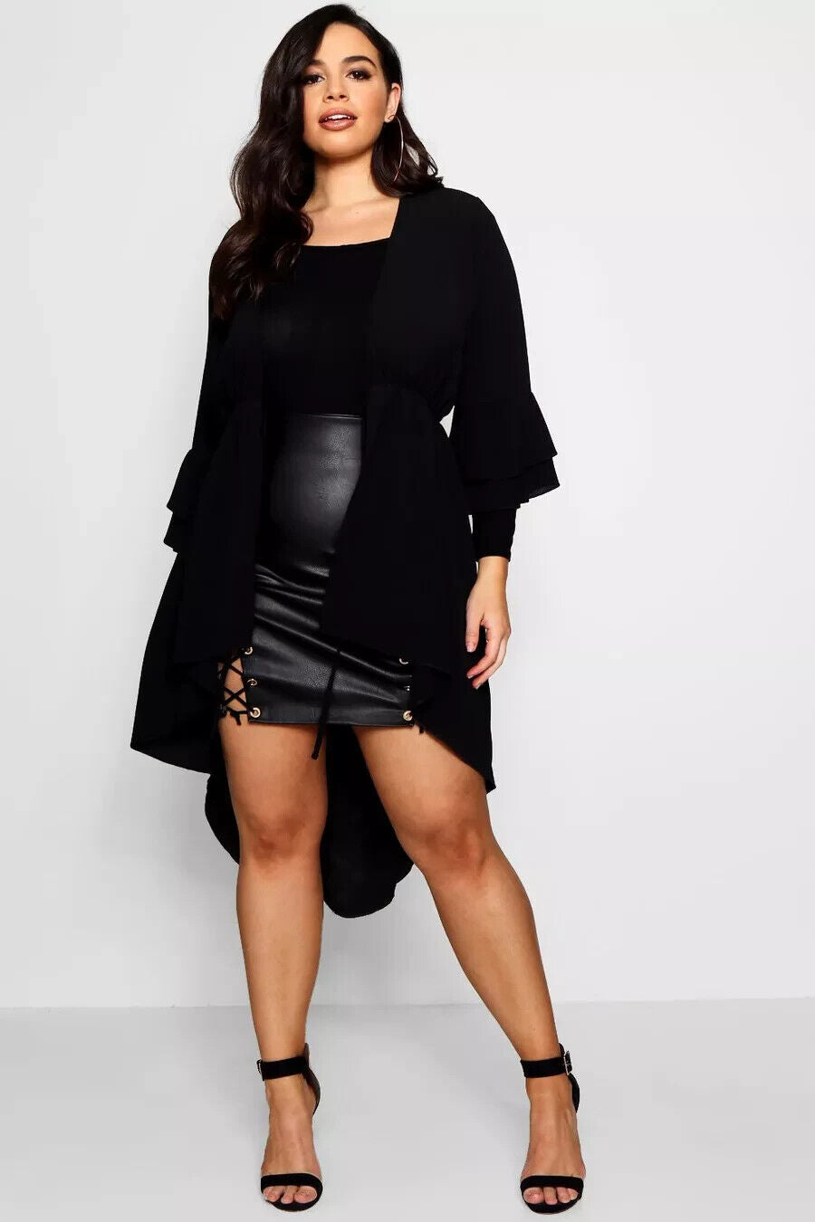 BOOHOO Kimono Jacket Black Tie Front 3/4 Ruffle Sleeve  Plus Size 18 Hi-Lo Hem