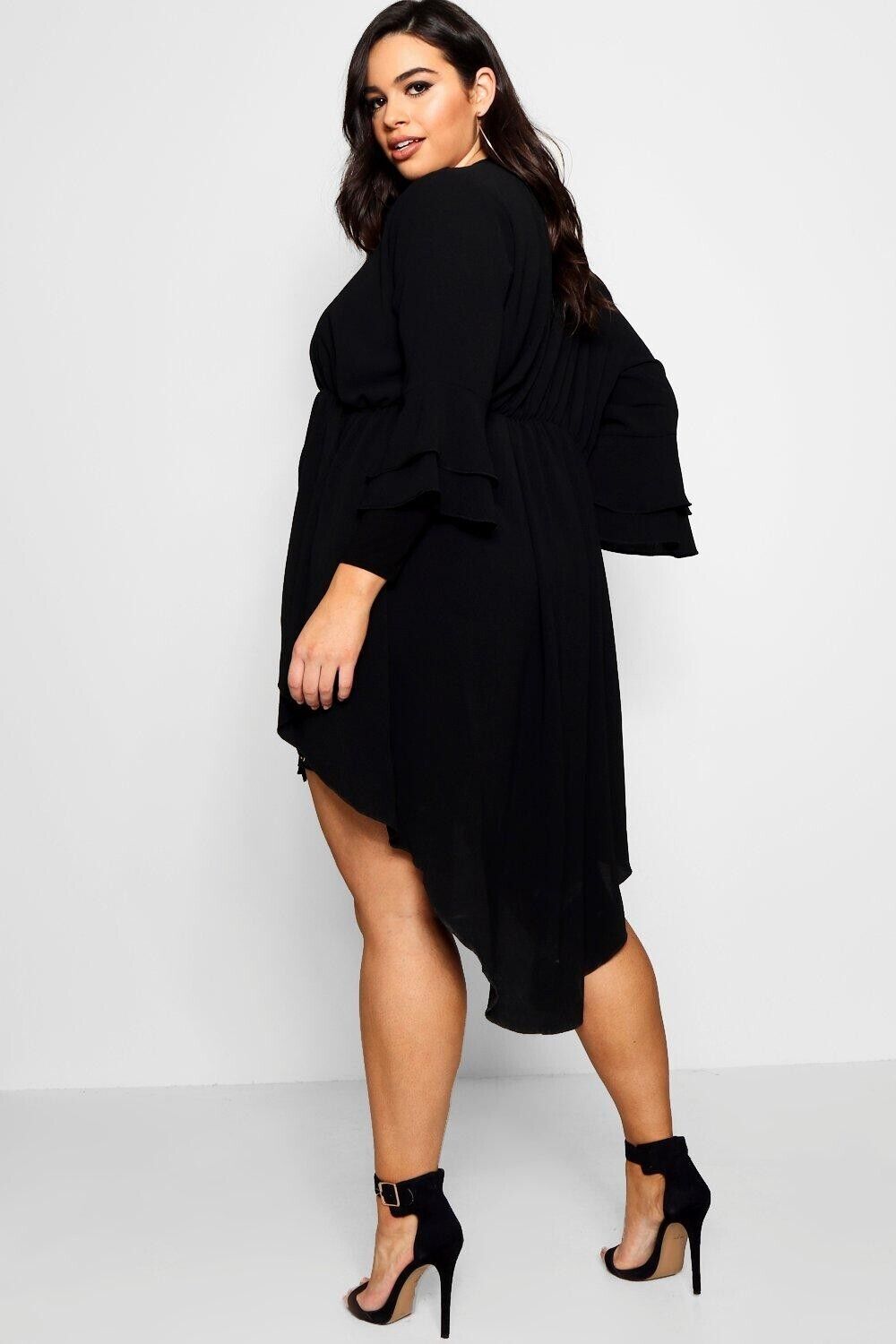 BOOHOO Kimono Jacket Black Tie Front 3/4 Ruffle Sleeve  Plus Size 18 Hi-Lo Hem