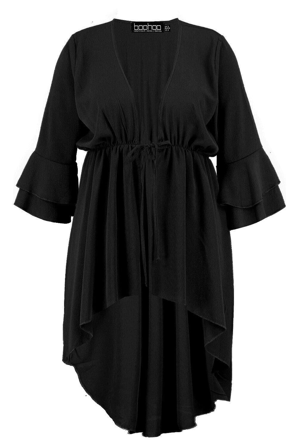 BOOHOO Kimono Jacket Black Tie Front 3/4 Ruffle Sleeve  Plus Size 18 Hi-Lo Hem