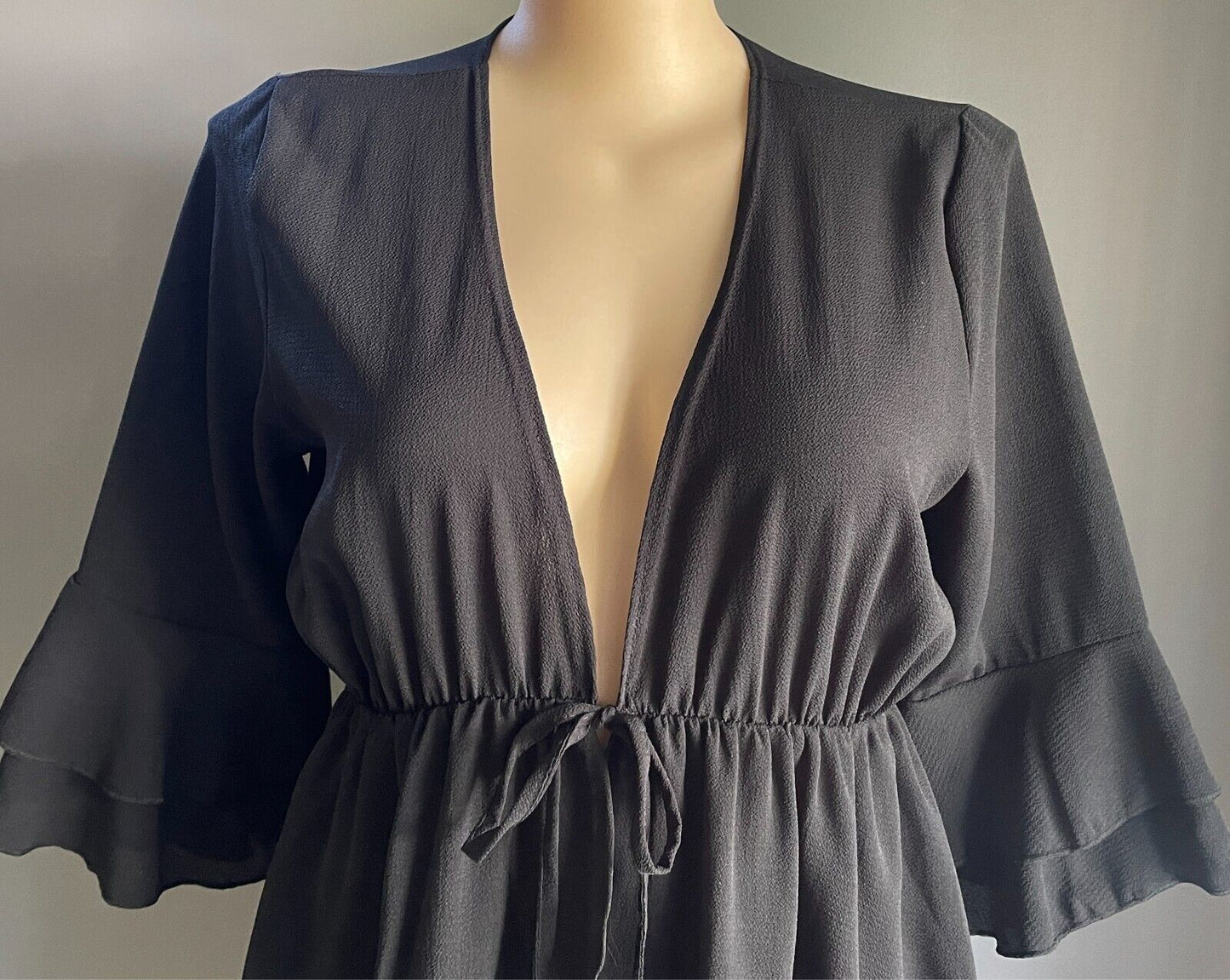 BOOHOO Kimono Jacket Black Tie Front 3/4 Ruffle Sleeve  Plus Size 18 Hi-Lo Hem
