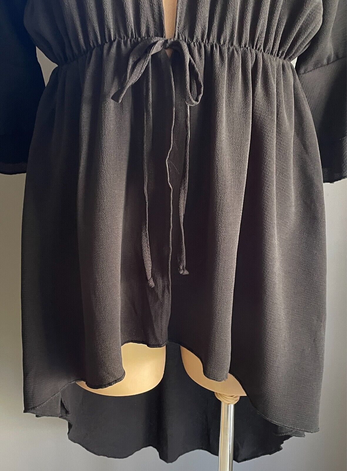BOOHOO Kimono Jacket Black Tie Front 3/4 Ruffle Sleeve  Plus Size 18 Hi-Lo Hem