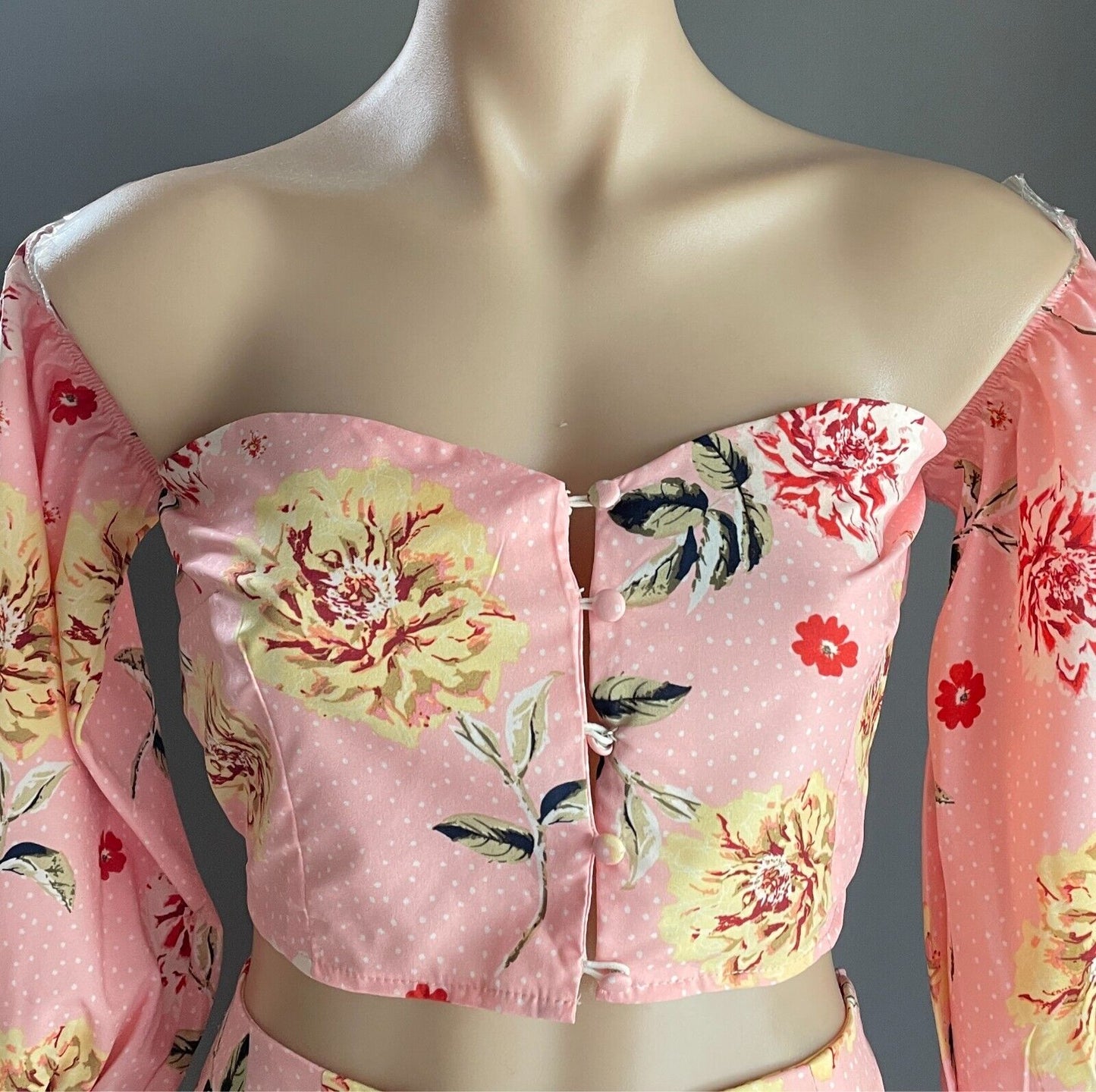BOOHOO Top & Skirt Set Floral Print Size 12 Off Shoulder Puffy Sleeve Crop Mini