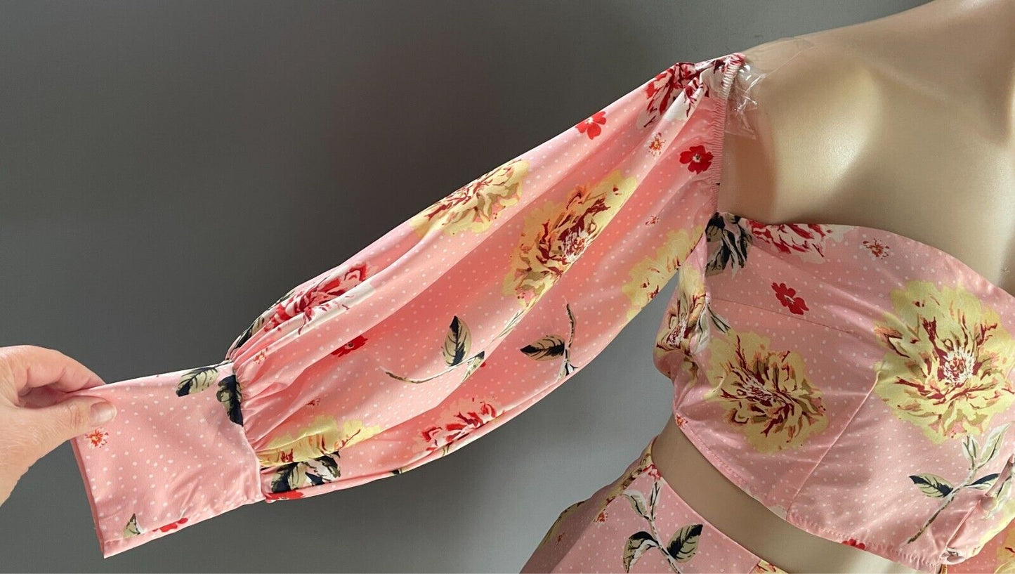 BOOHOO Top & Skirt Set Floral Print Size 12 Off Shoulder Puffy Sleeve Crop Mini
