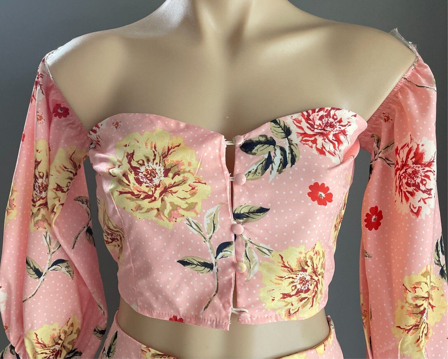 BOOHOO Top & Skirt Set Floral Print Size 12 Off Shoulder Puffy Sleeve Crop Mini