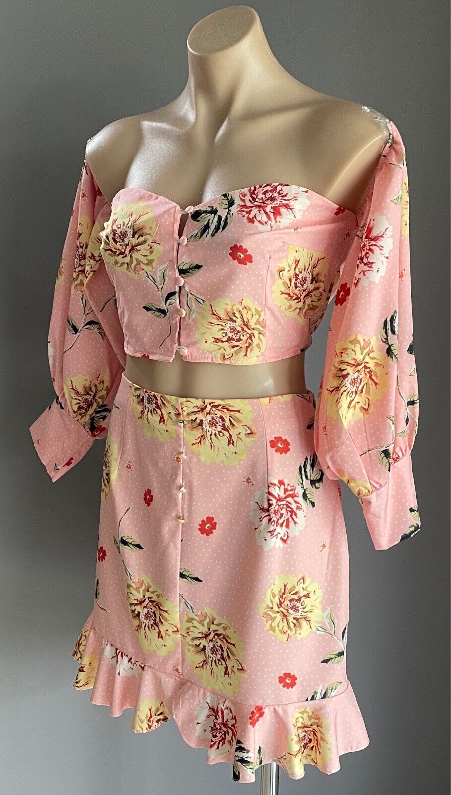 BOOHOO Top & Skirt Set Floral Print Size 12 Off Shoulder Puffy Sleeve Crop Mini