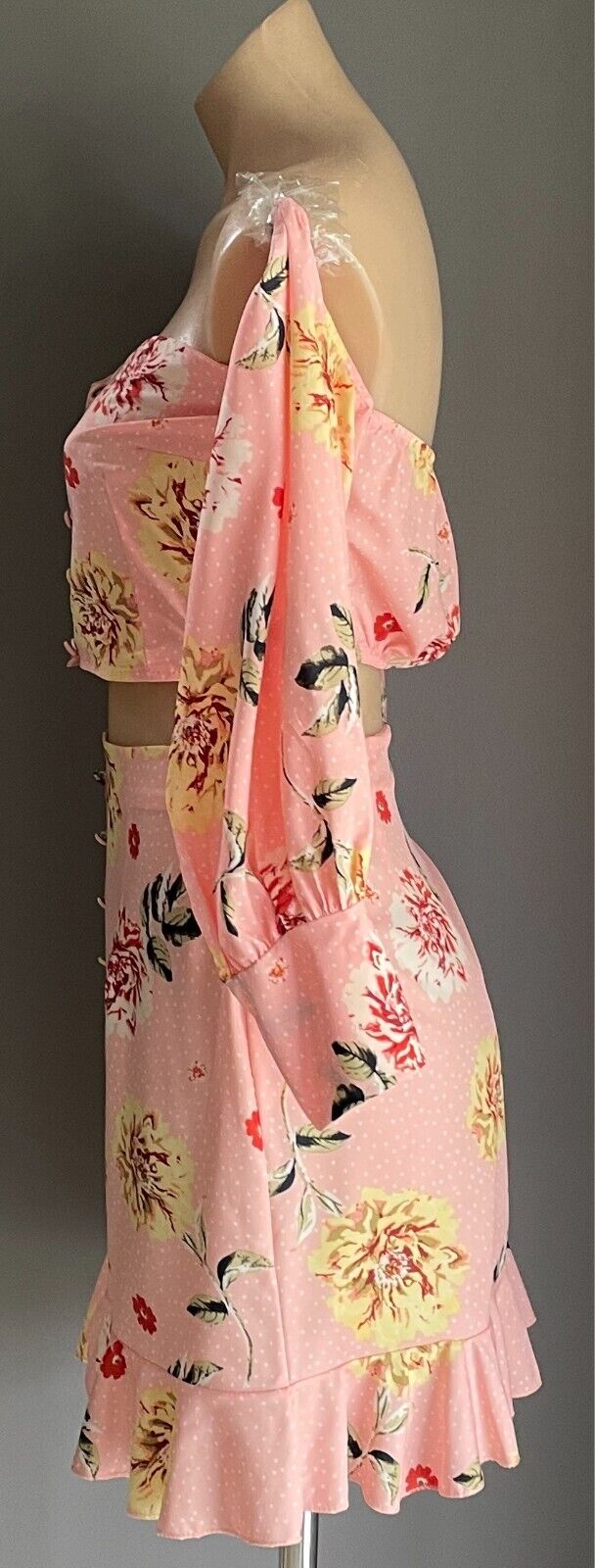 BOOHOO Top & Skirt Set Floral Print Size 12 Off Shoulder Puffy Sleeve Crop Mini