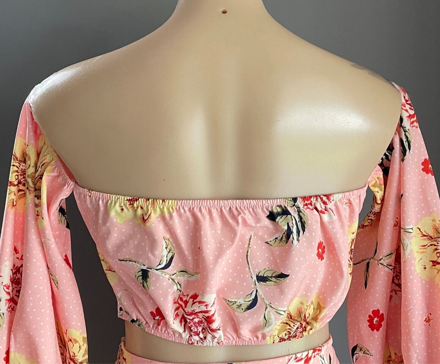 BOOHOO Top & Skirt Set Floral Print Size 12 Off Shoulder Puffy Sleeve Crop Mini
