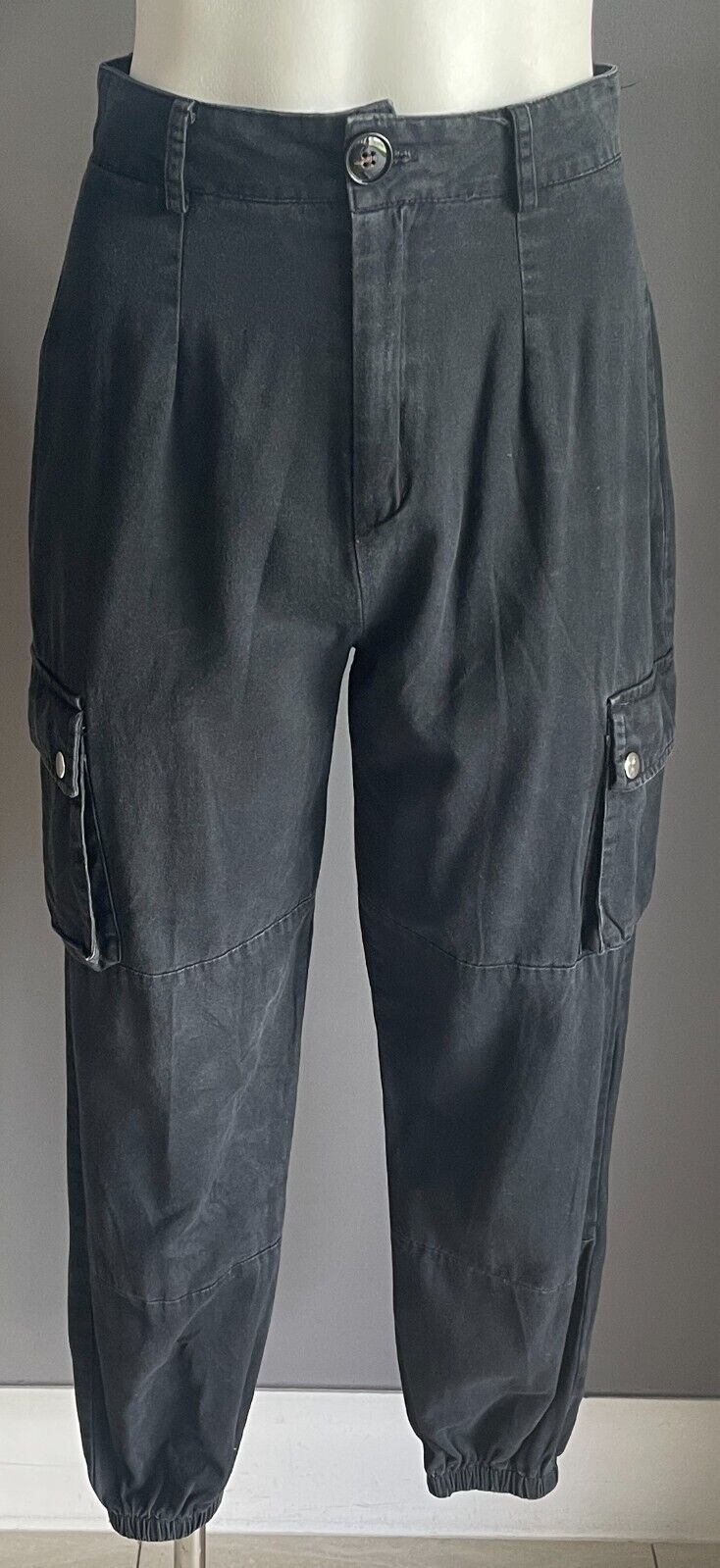 BOOHOO Cargo Pants Black Size 8 Elasticised Cuffs Tapered Leg Pockets