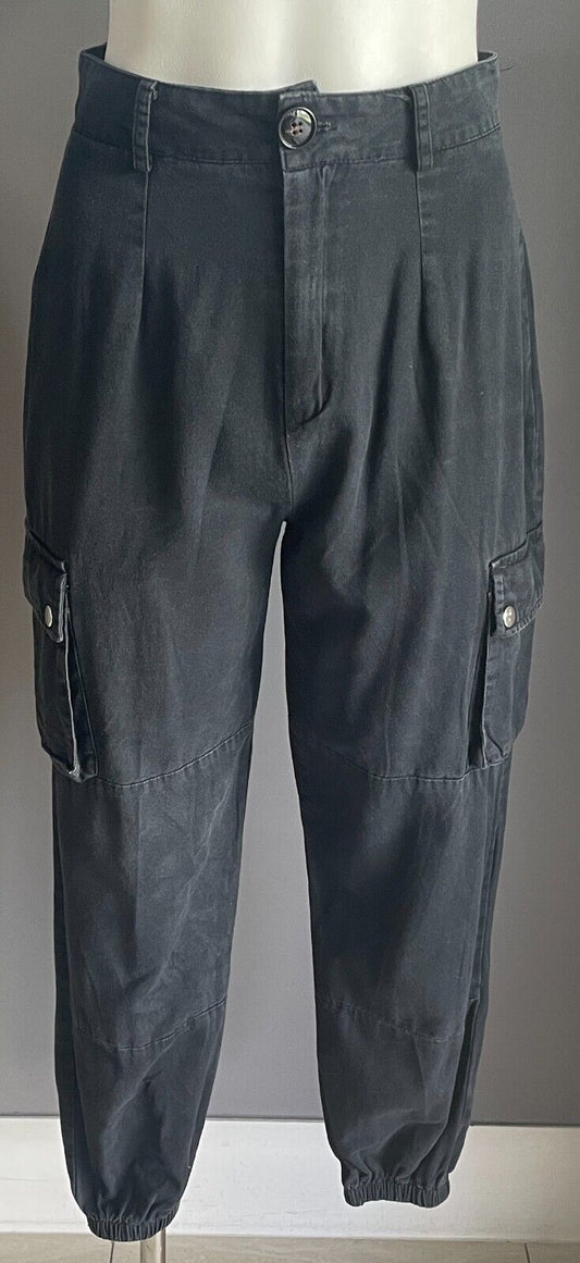 BOOHOO Cargo Pants Black Size 8 Elasticised Cuffs Tapered Leg Pockets