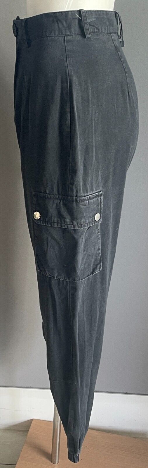 BOOHOO Cargo Pants Black Size 8 Elasticised Cuffs Tapered Leg Pockets
