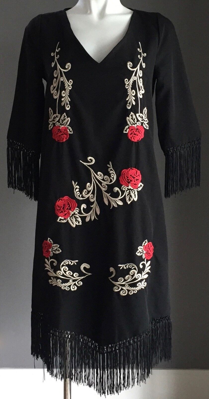 BOOHOO Allie Dress Embroidered Tassel Black Red & White 3/4 Sleeve Size 8 NEW